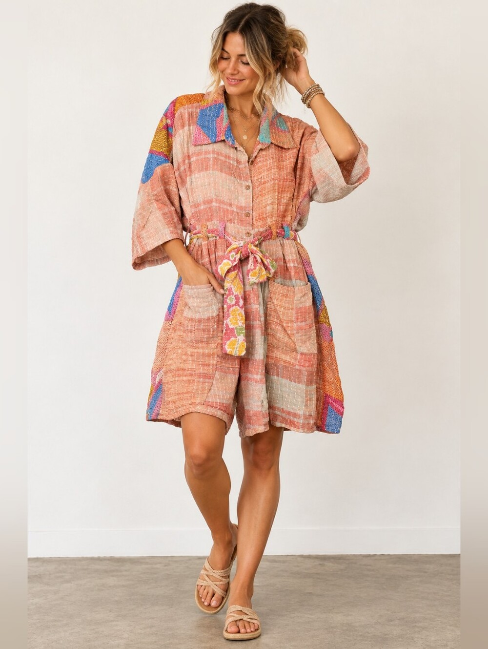 Kantha Bae Free Size Patchwork Kantha Belted Romper Jumpsuit